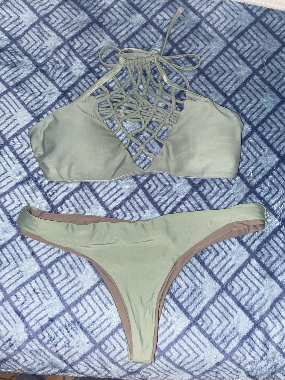 High-Neck Macramé Olive Green Bikini Set